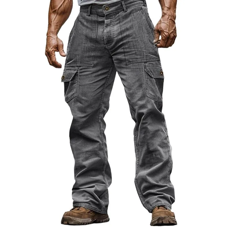 BACKWOODS | Men's Solid Color Corduroy Multi-Pocket Cargo Straight Pants