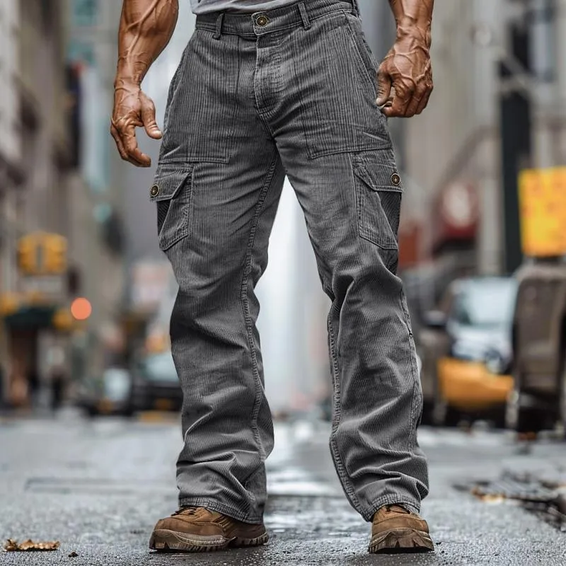 BACKWOODS | Men's Solid Color Corduroy Multi-Pocket Cargo Straight Pants