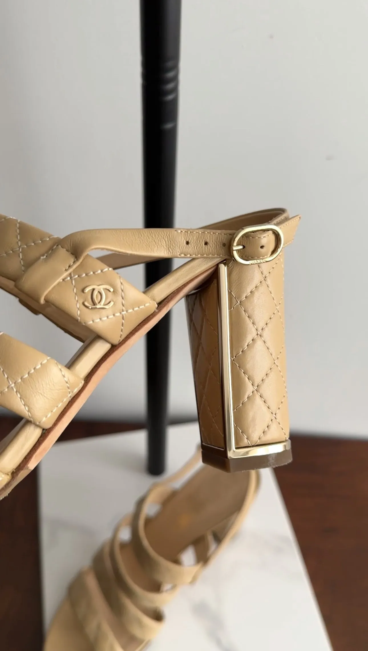 Chanel Beige Quilted Leather Block Heel Sandals - 40