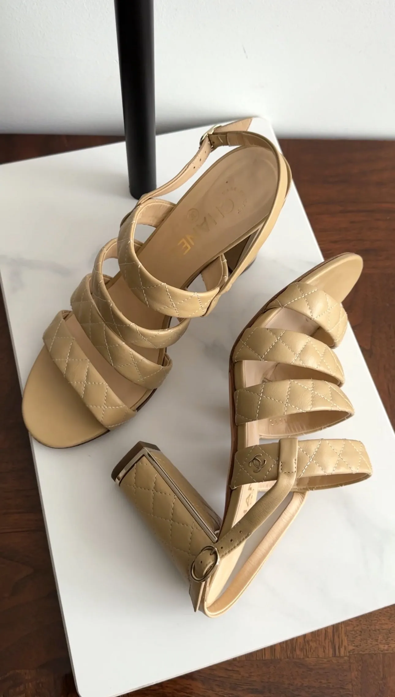 Chanel Beige Quilted Leather Block Heel Sandals - 40
