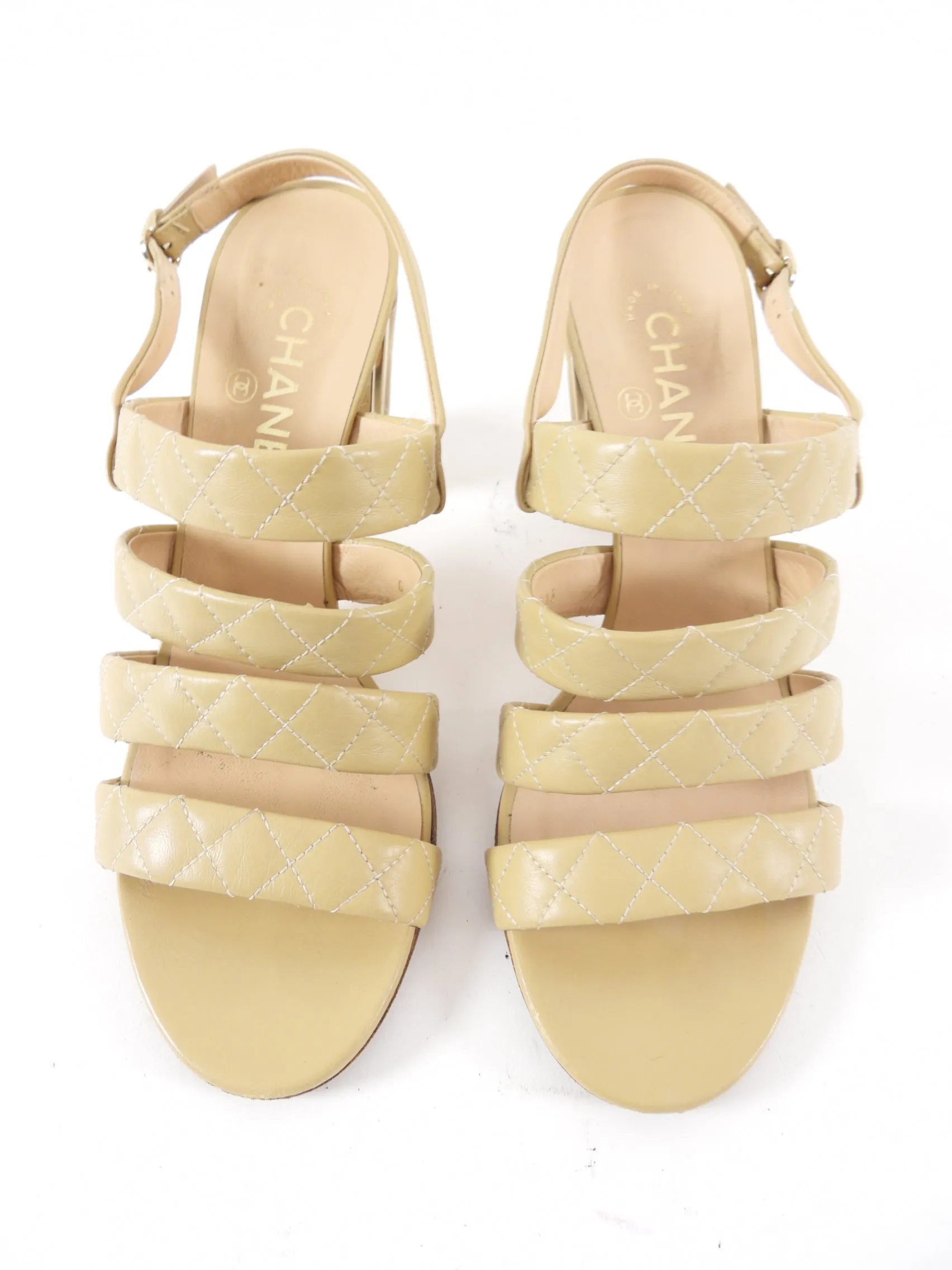 Chanel Beige Quilted Leather Block Heel Sandals - 40