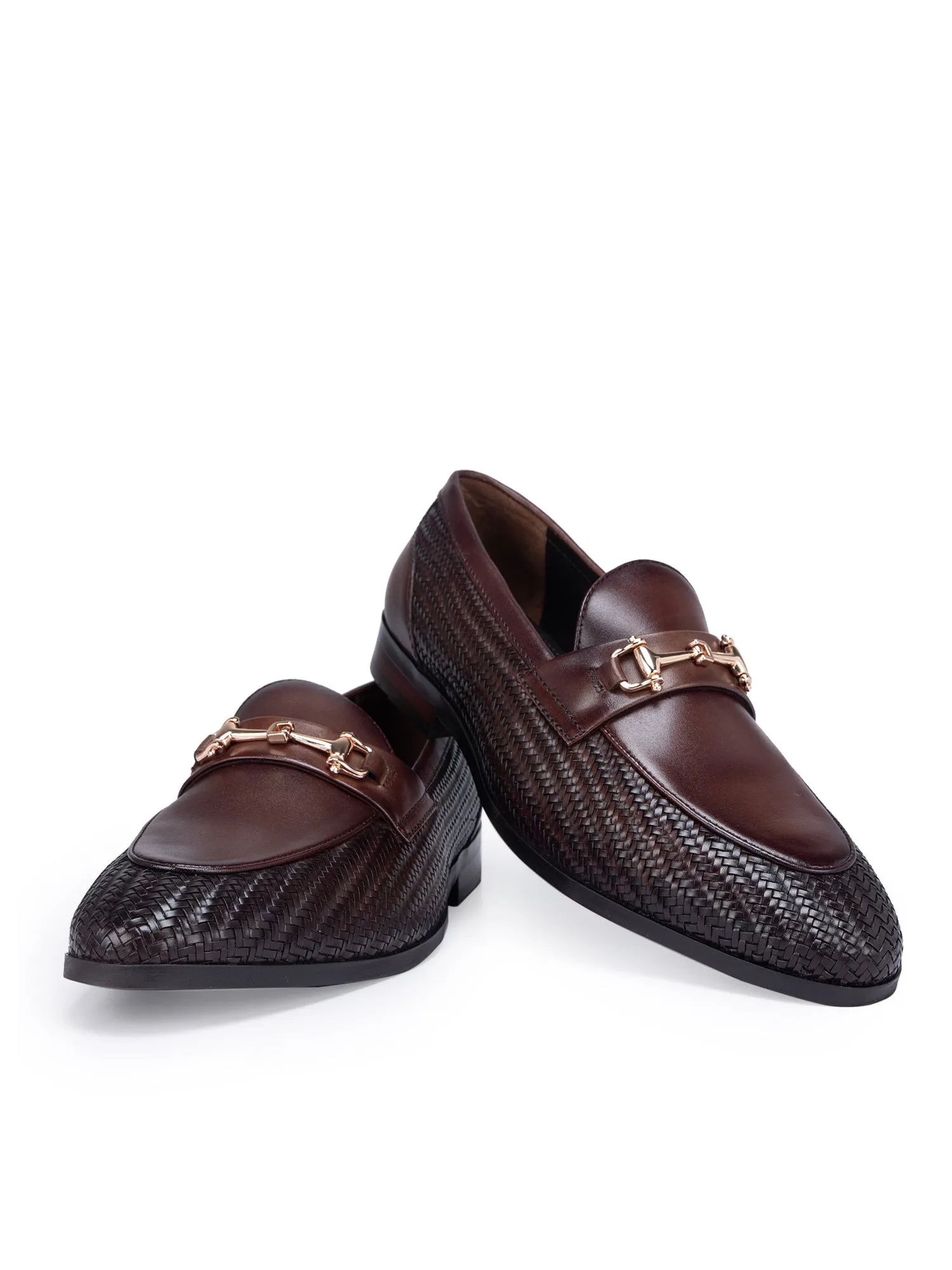 Coffee Textured Loafers With Buckle