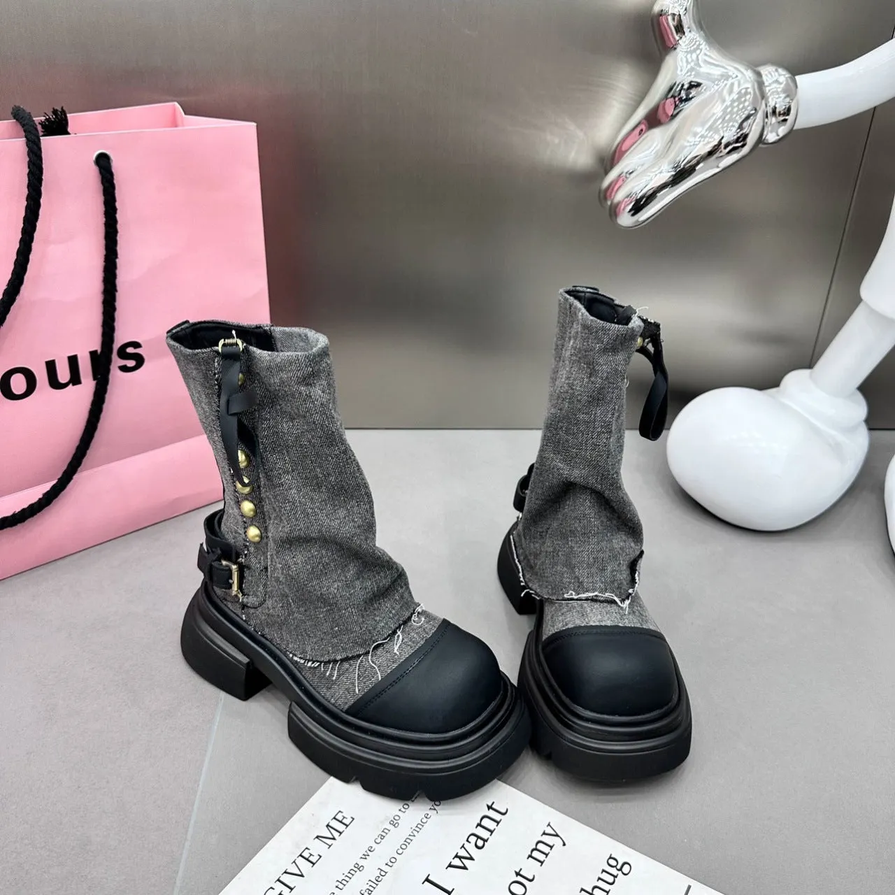 Doll-Head Studded Mid-Calf Flared Jeans Base Boots