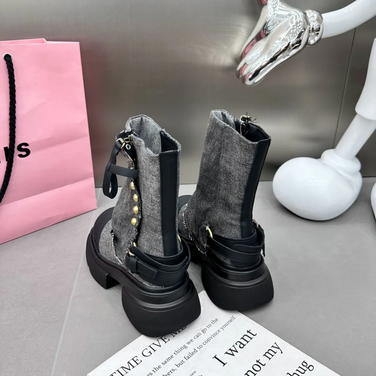 Doll-Head Studded Mid-Calf Flared Jeans Base Boots