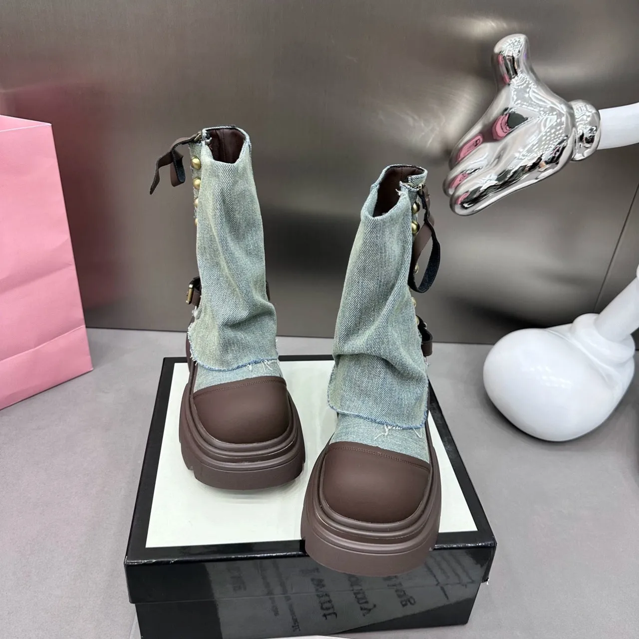 Doll-Head Studded Mid-Calf Flared Jeans Base Boots