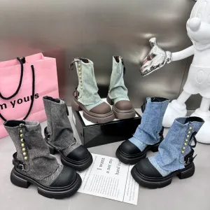 Doll-Head Studded Mid-Calf Flared Jeans Base Boots