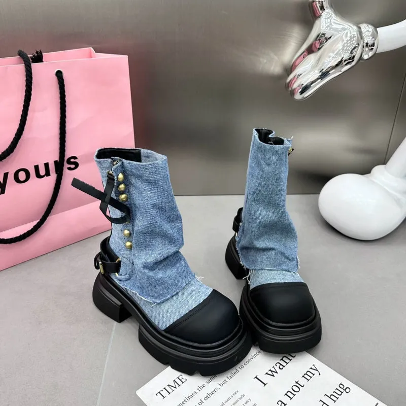 Doll-Head Studded Mid-Calf Flared Jeans Base Boots