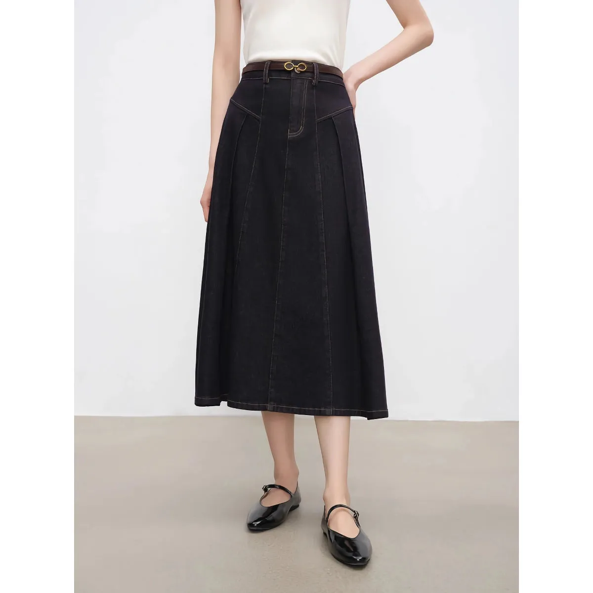 Elegant High Waist Dark Denim A-Line Midi Skirt for Women