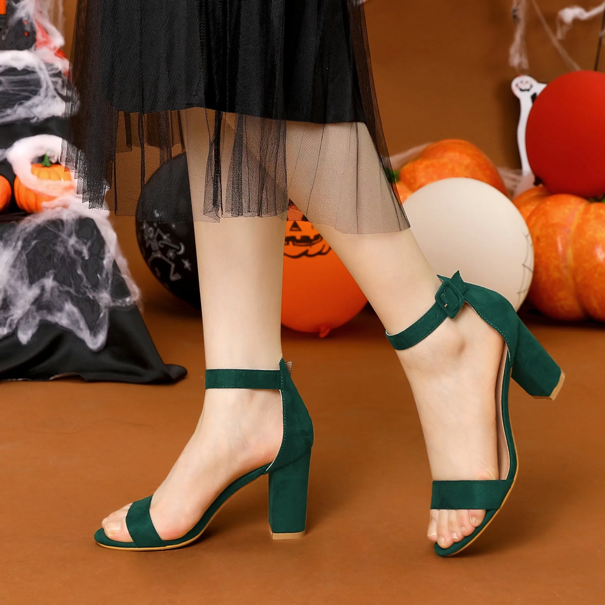 Faux Suede High Chunky Heel Buckle Ankle Strap Sandals