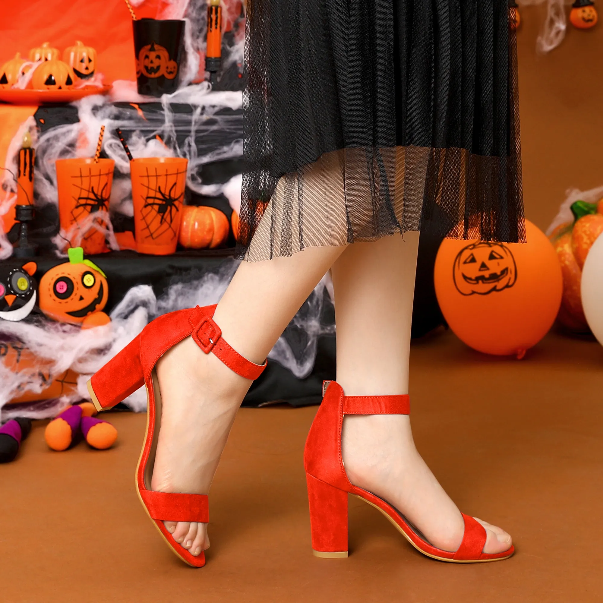 Faux Suede High Chunky Heel Buckle Ankle Strap Sandals