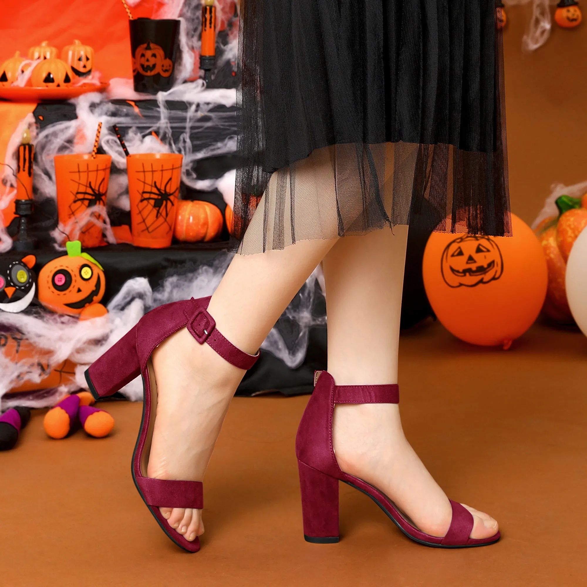 Faux Suede High Chunky Heel Buckle Ankle Strap Sandals