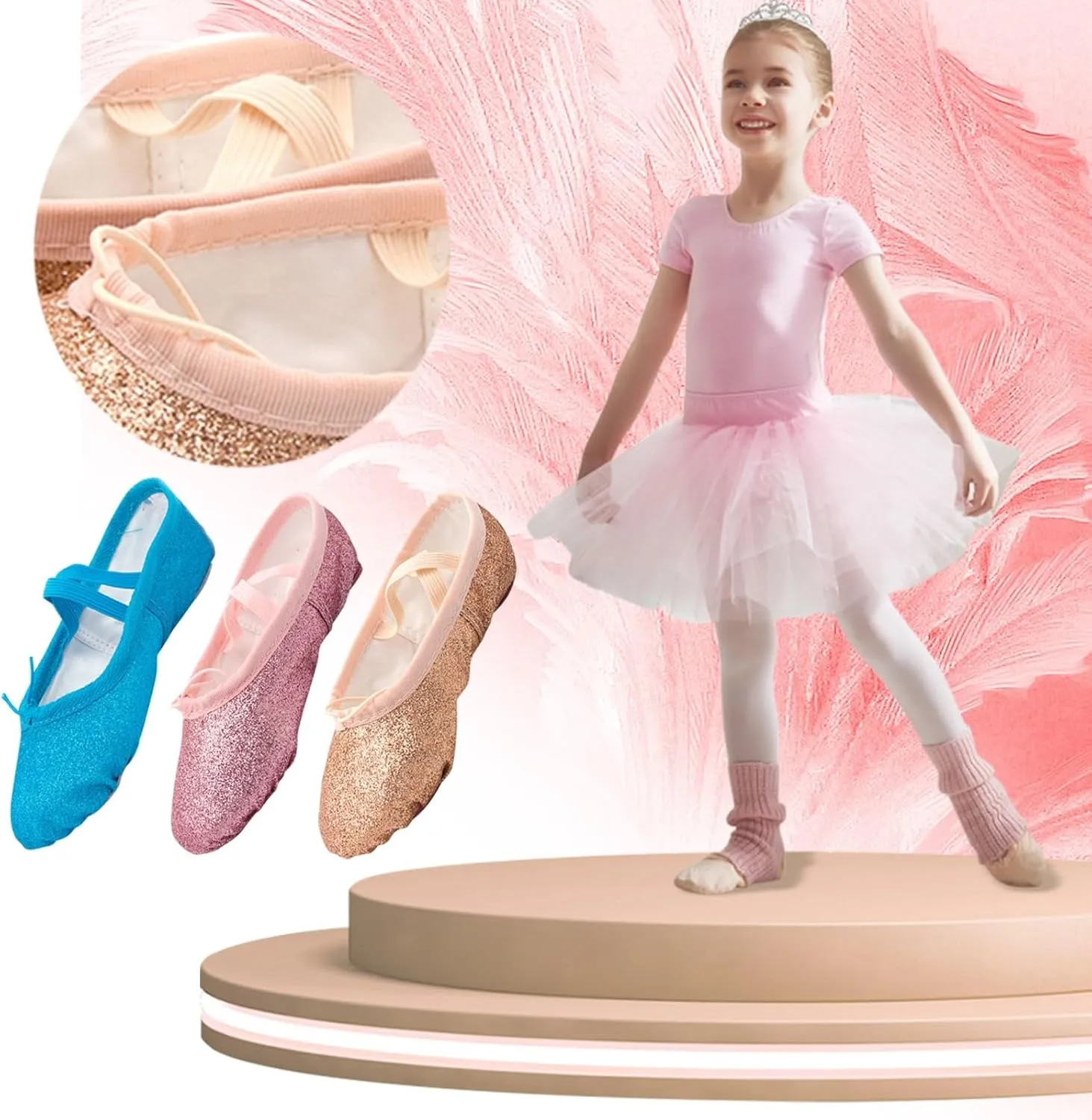Girls Ballet Shoes Glitter Split-Sole Dance Slippers Toddler Kid Practice Flats Soft Lightweight with Elastic Laces