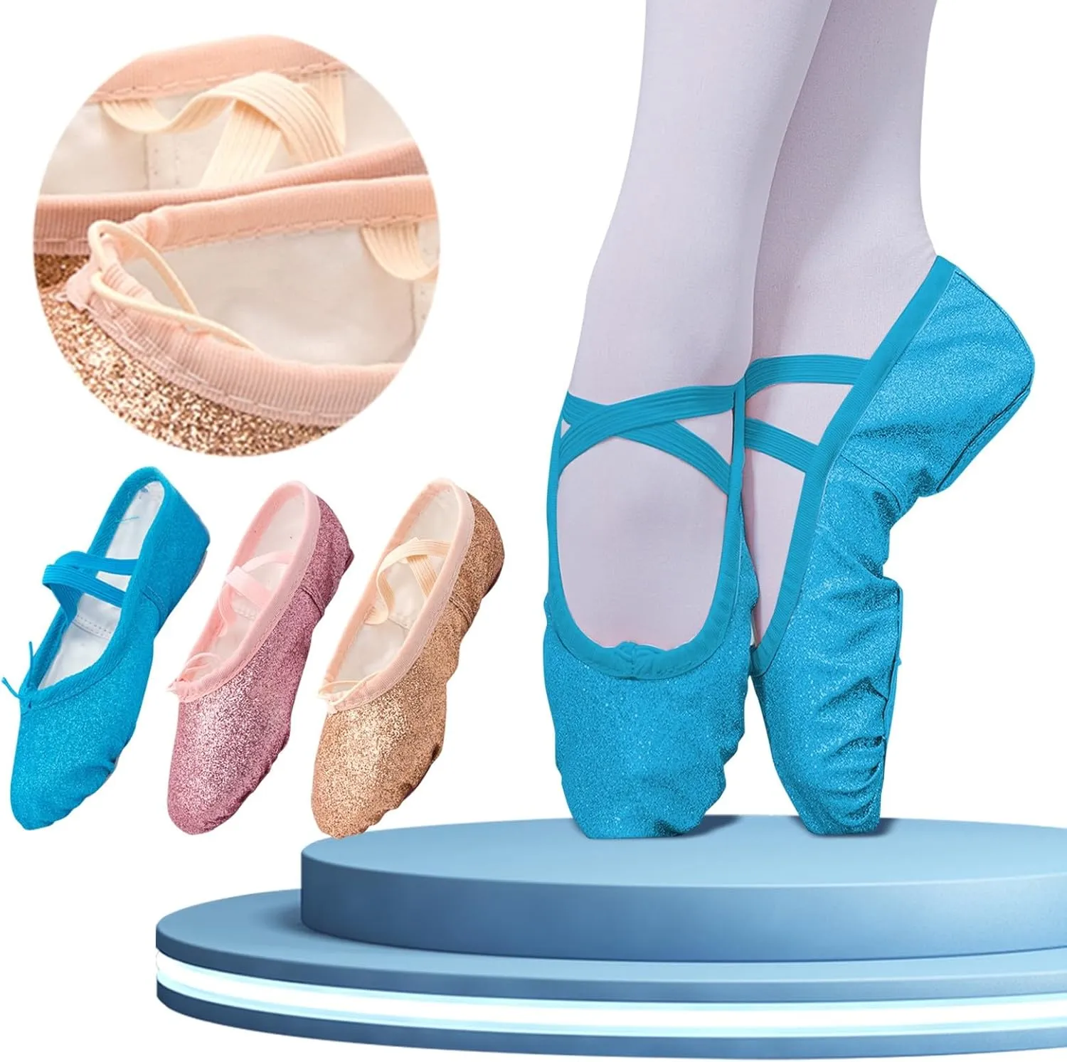Girls Ballet Shoes Glitter Split-Sole Dance Slippers Toddler Kid Practice Flats Soft Lightweight with Elastic Laces