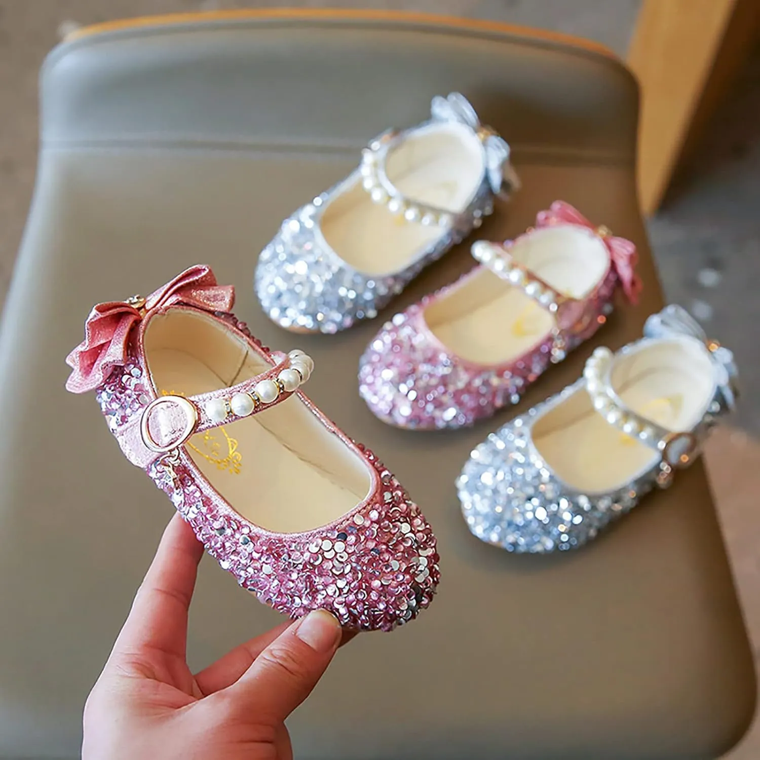 Girls Dress Shoes Mary Jane Wedding Flower Bridesmaids Flats Glitter Princess Shoes for (Toddler/Little Kid/Big Kid)