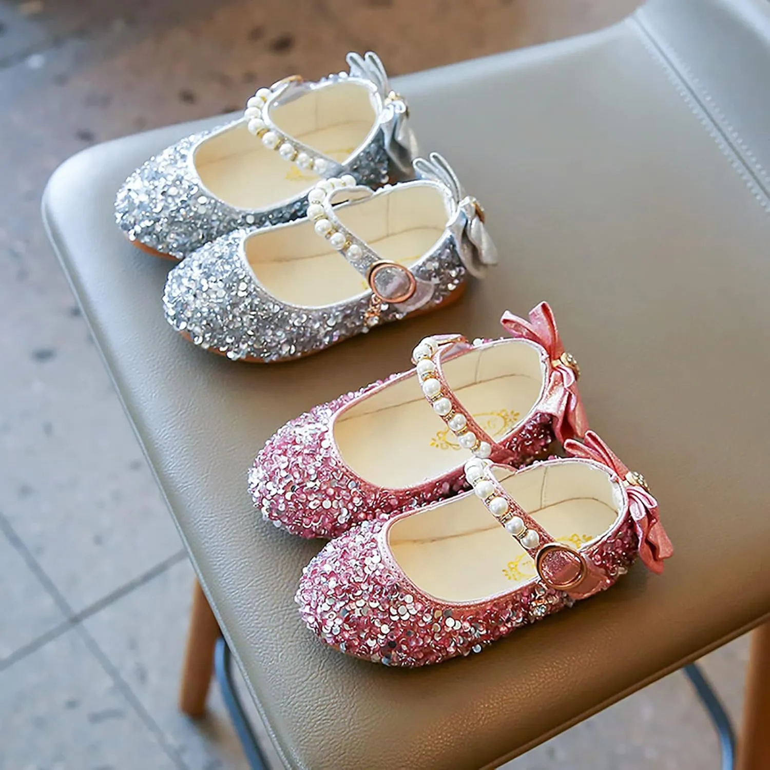 Girls Dress Shoes Mary Jane Wedding Flower Bridesmaids Flats Glitter Princess Shoes for (Toddler/Little Kid/Big Kid)