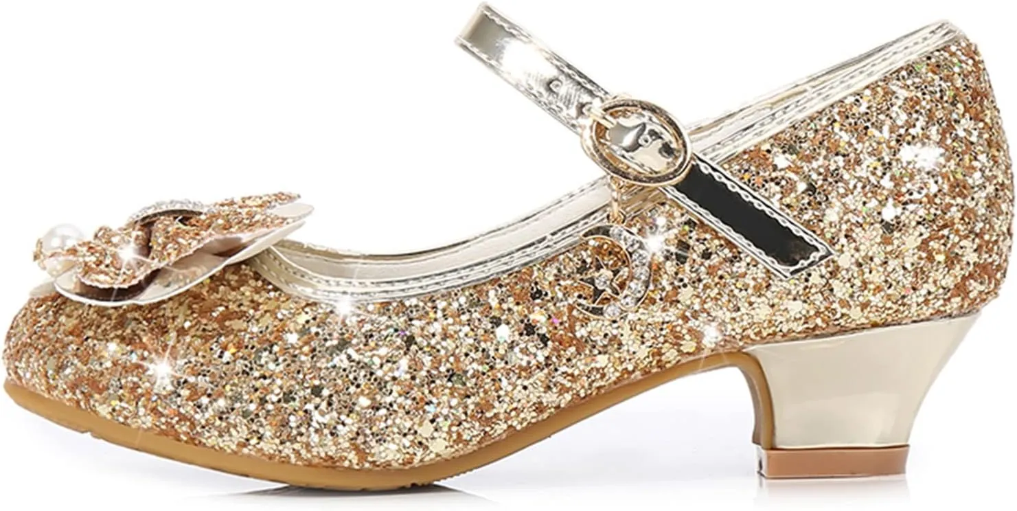 Girls Dress Shoes Princess High Heel Glitter Dance Shoes Wedding Party Sandals for Toddler Little Girl with Crystal (Gold-03#WER, 4.5 Years)