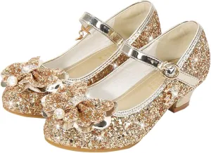 Girls Dress Shoes Princess High Heel Glitter Dance Shoes Wedding Party Sandals for Toddler Little Girl with Crystal (Gold-03#WER, 4.5 Years)
