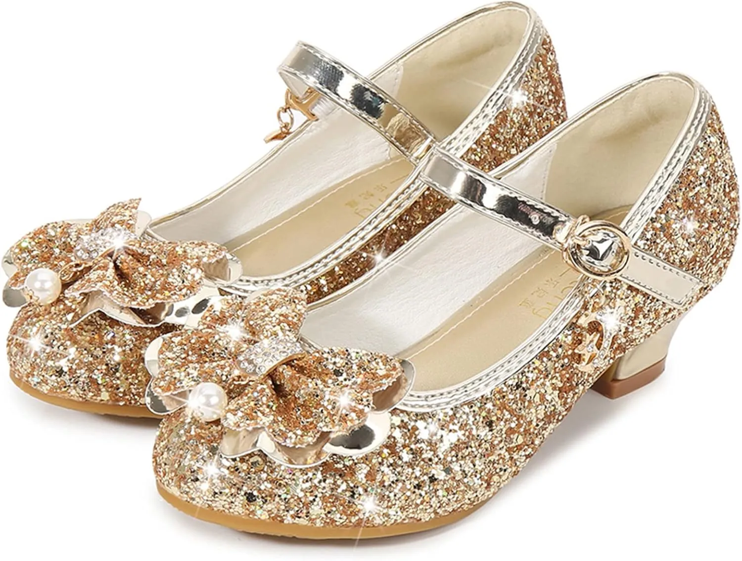 Girls Dress Shoes Princess High Heel Glitter Dance Shoes Wedding Party Sandals for Toddler Little Girl with Crystal (Gold-03#WER, 4.5 Years)