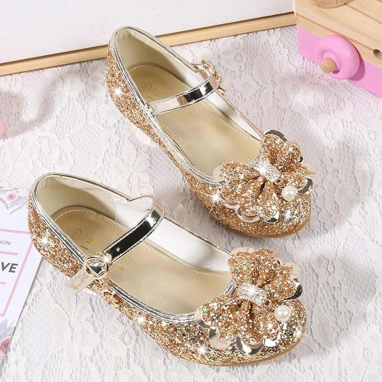 Girls Dress Shoes Princess High Heel Glitter Dance Shoes Wedding Party Sandals for Toddler Little Girl with Crystal (Gold-03#WER, 4.5 Years)