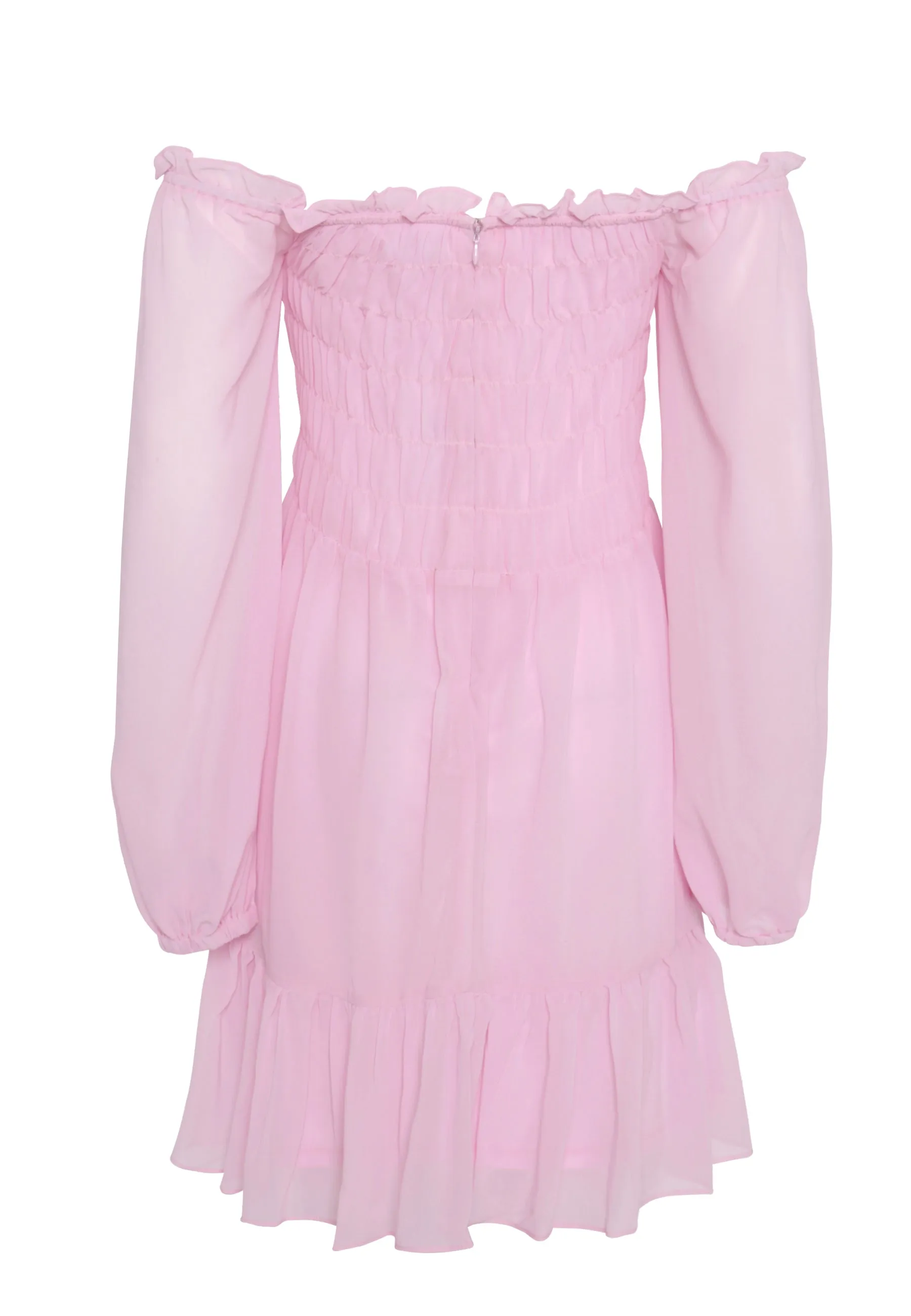 Glamorous Light Pink Long Sleeve Bardot Mini dress with Smocked Bodice and Tiered Skirt