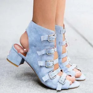 Hasp Denim Cut Out Peep Toe Middle Chunky Heels Sandals