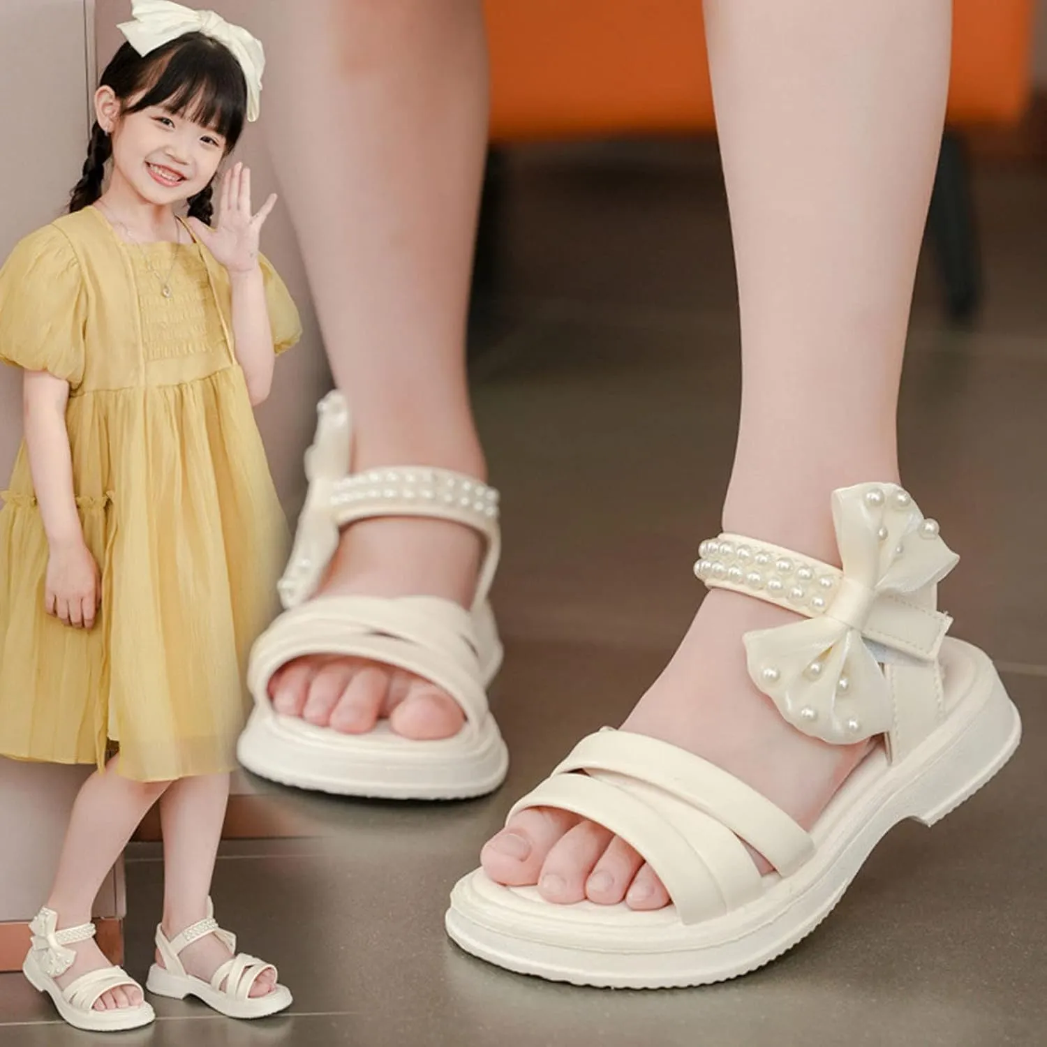 Kids Wedding ay Sandals Cute Pearl Open Toe Sandals Toddler Baby Girls Summer Light-Weight Flat Shoes with Bow