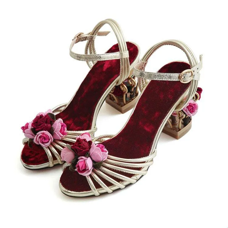 Leather Flower Cutout Open Toe High Heel Sandals
