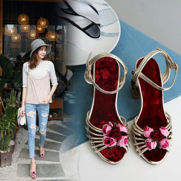Leather Flower Cutout Open Toe High Heel Sandals