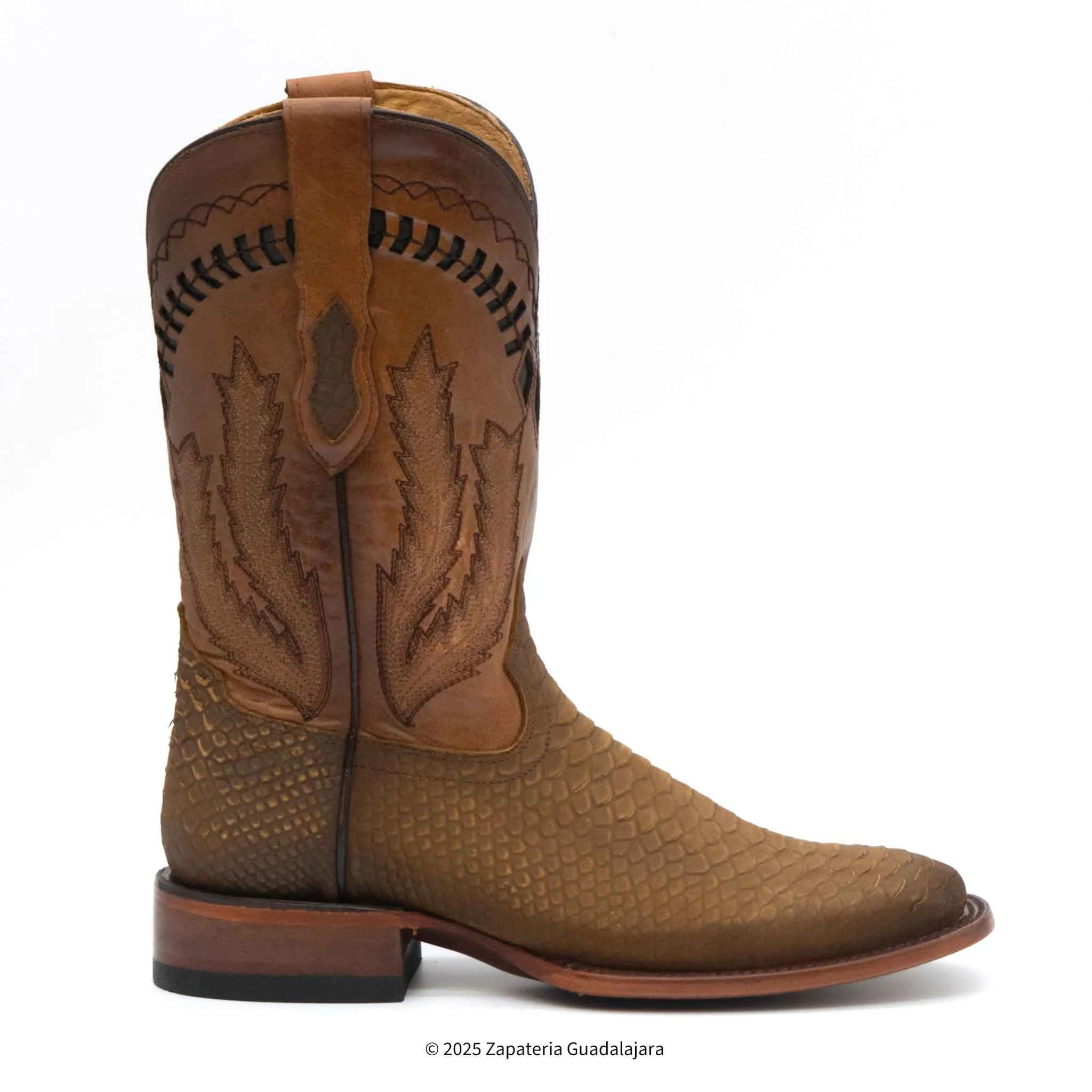 MEN'S WIDE SQUARE TOE FAUX PYTHON TRIBUTE HONEY LEATHER BOOT - H52R6351