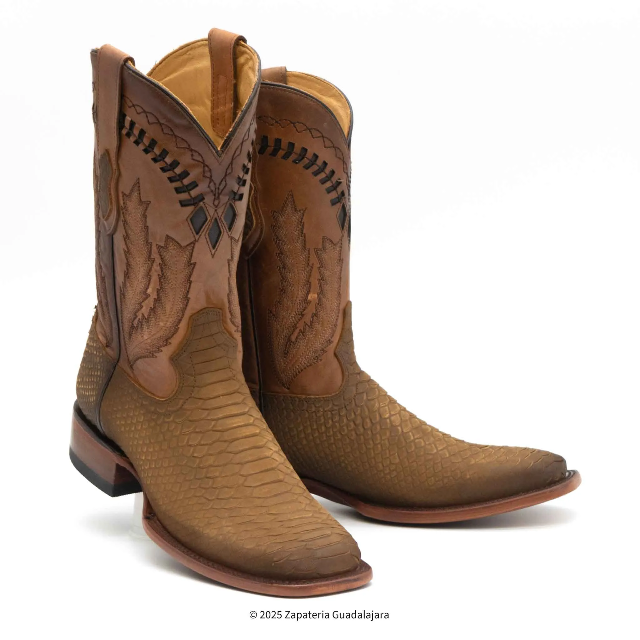 MEN'S WIDE SQUARE TOE FAUX PYTHON TRIBUTE HONEY LEATHER BOOT - H52R6351