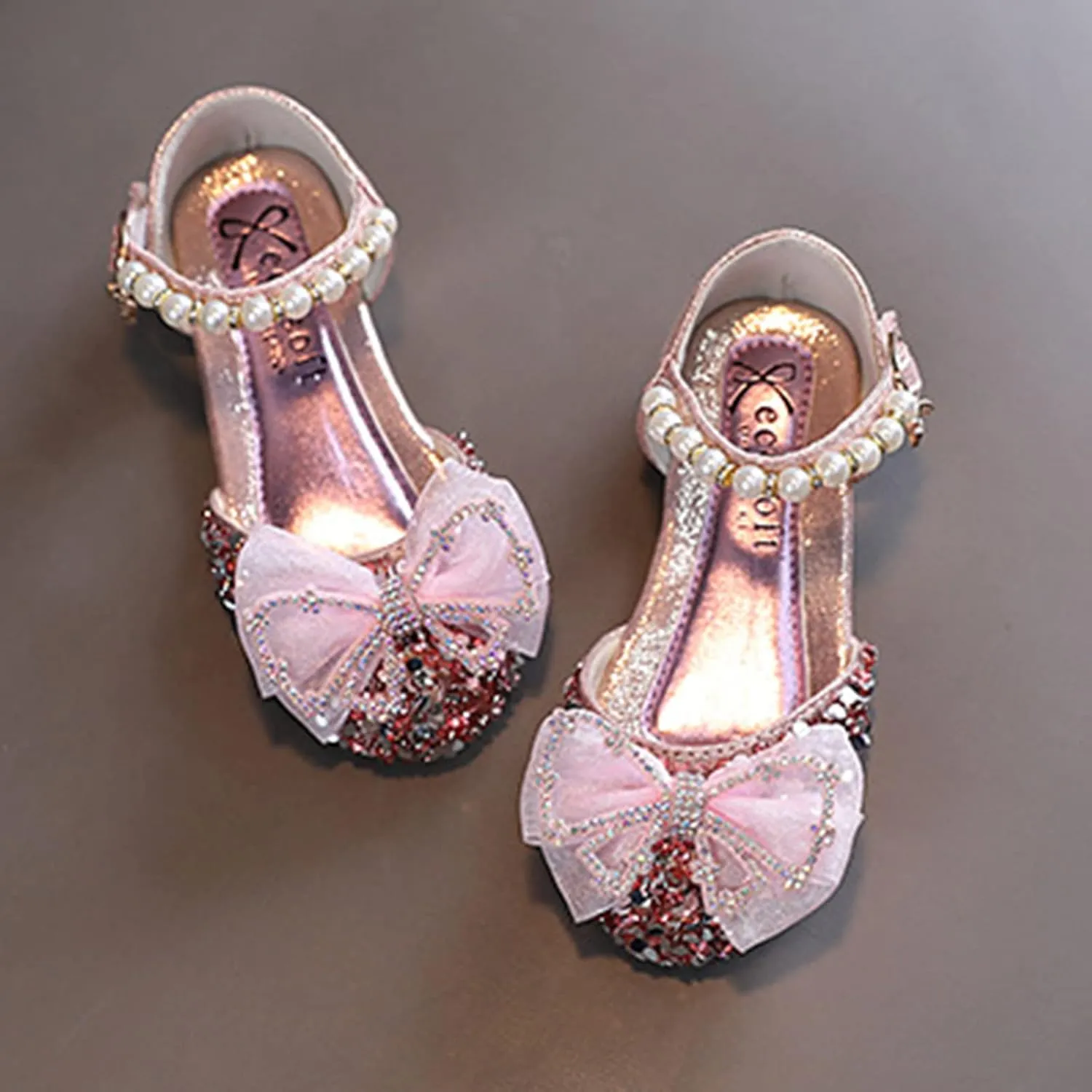 sfdgfhyf Girls Summer Shoes Fashion Girls Sandals Dress Performance Dance Shoes Flat Light Sequins Pearl Mesh (Pink, 3 Big Kids)