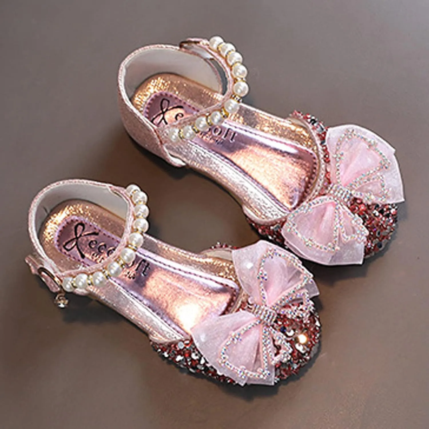 sfdgfhyf Girls Summer Shoes Fashion Girls Sandals Dress Performance Dance Shoes Flat Light Sequins Pearl Mesh (Pink, 3 Big Kids)
