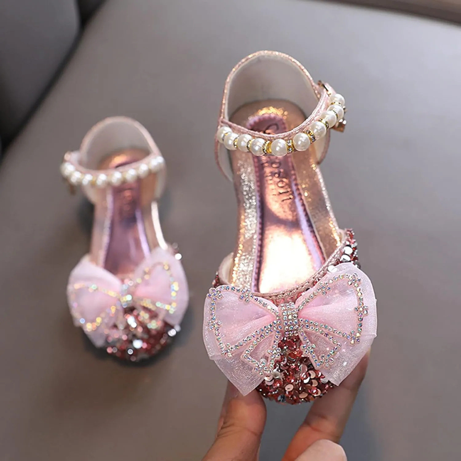 sfdgfhyf Girls Summer Shoes Fashion Girls Sandals Dress Performance Dance Shoes Flat Light Sequins Pearl Mesh (Pink, 3 Big Kids)