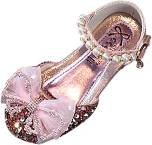 sfdgfhyf Girls Summer Shoes Fashion Girls Sandals Dress Performance Dance Shoes Flat Light Sequins Pearl Mesh (Pink, 3 Big Kids)