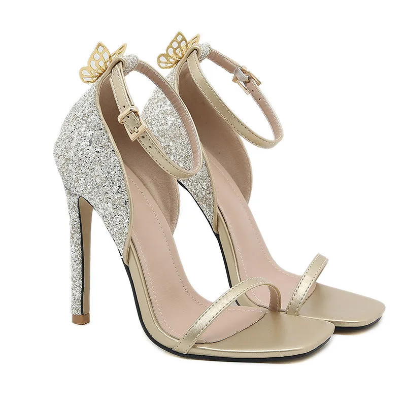Shimmering 3D Butterfly Stiletto Sandals