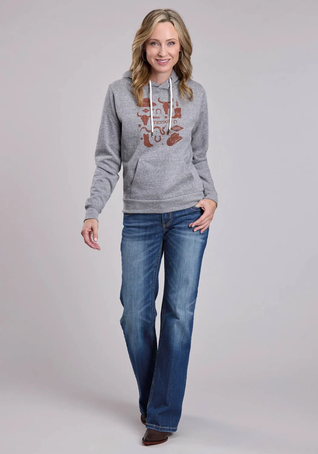 Stetson Womens Hats Boots Longhorn Grey Cotton Blend Hoodie