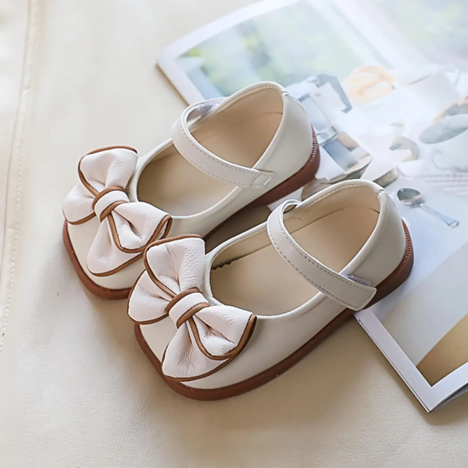Summer Girls Casual Shoes Bow Hook Loop Solid Color Comfortable Single Shoes Toddler Princess Wedding Dress Shoes (Beige-03#Wet, 4Years)