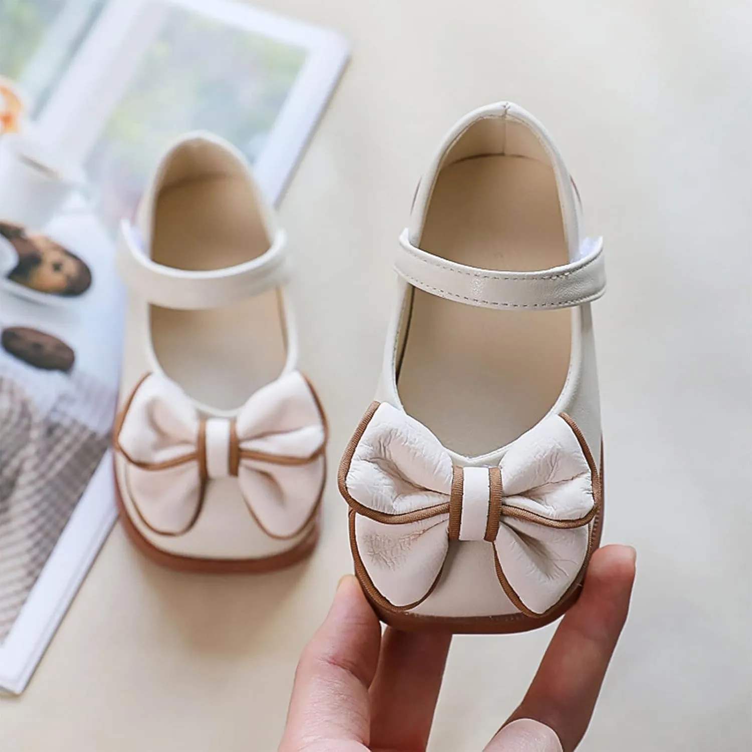 Summer Girls Casual Shoes Bow Hook Loop Solid Color Comfortable Single Shoes Toddler Princess Wedding Dress Shoes (Beige-03#Wet, 4Years)