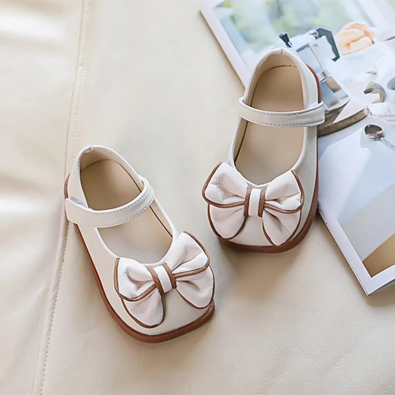 Summer Girls Casual Shoes Bow Hook Loop Solid Color Comfortable Single Shoes Toddler Princess Wedding Dress Shoes (Beige-03#Wet, 4Years)