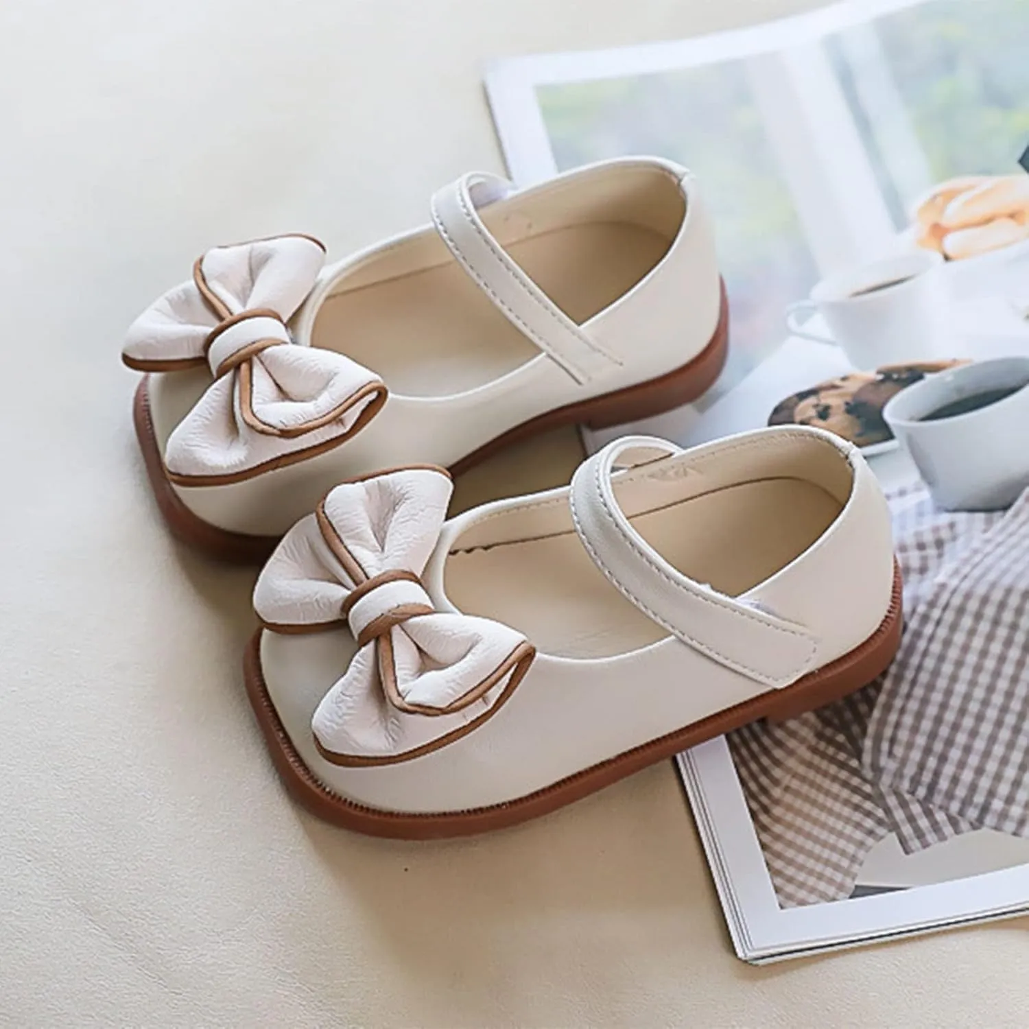 Summer Girls Casual Shoes Bow Hook Loop Solid Color Comfortable Single Shoes Toddler Princess Wedding Dress Shoes (Beige-03#Wet, 4Years)