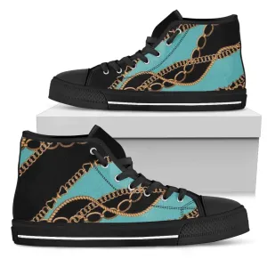 Teal Gold Chains Designer High Top Sneaker Custom Shoes with Black Soles