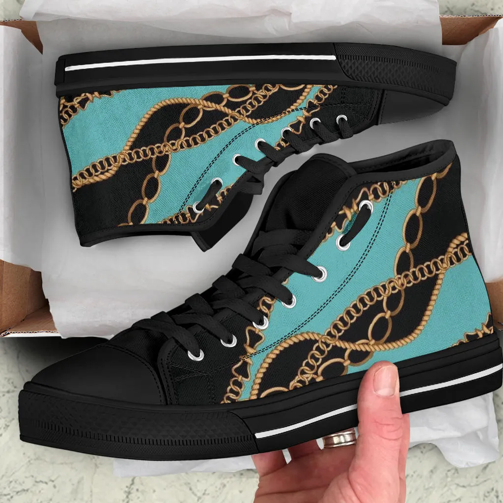 Teal Gold Chains Designer High Top Sneaker Custom Shoes with Black Soles