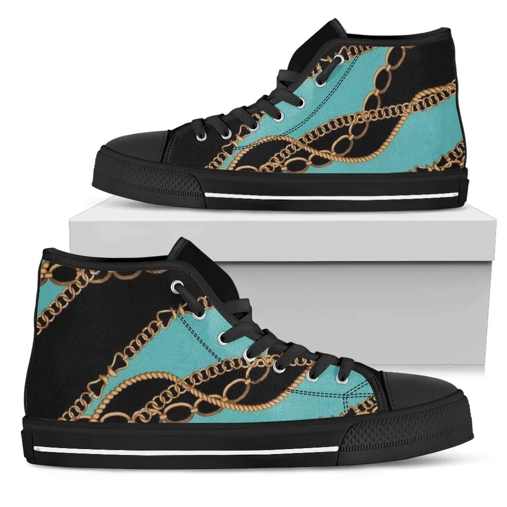 Teal Gold Chains Designer High Top Sneaker Custom Shoes with Black Soles