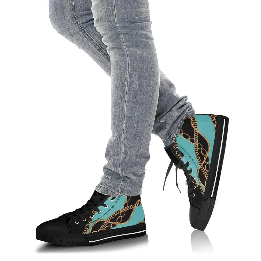 Teal Gold Chains Designer High Top Sneaker Custom Shoes with Black Soles