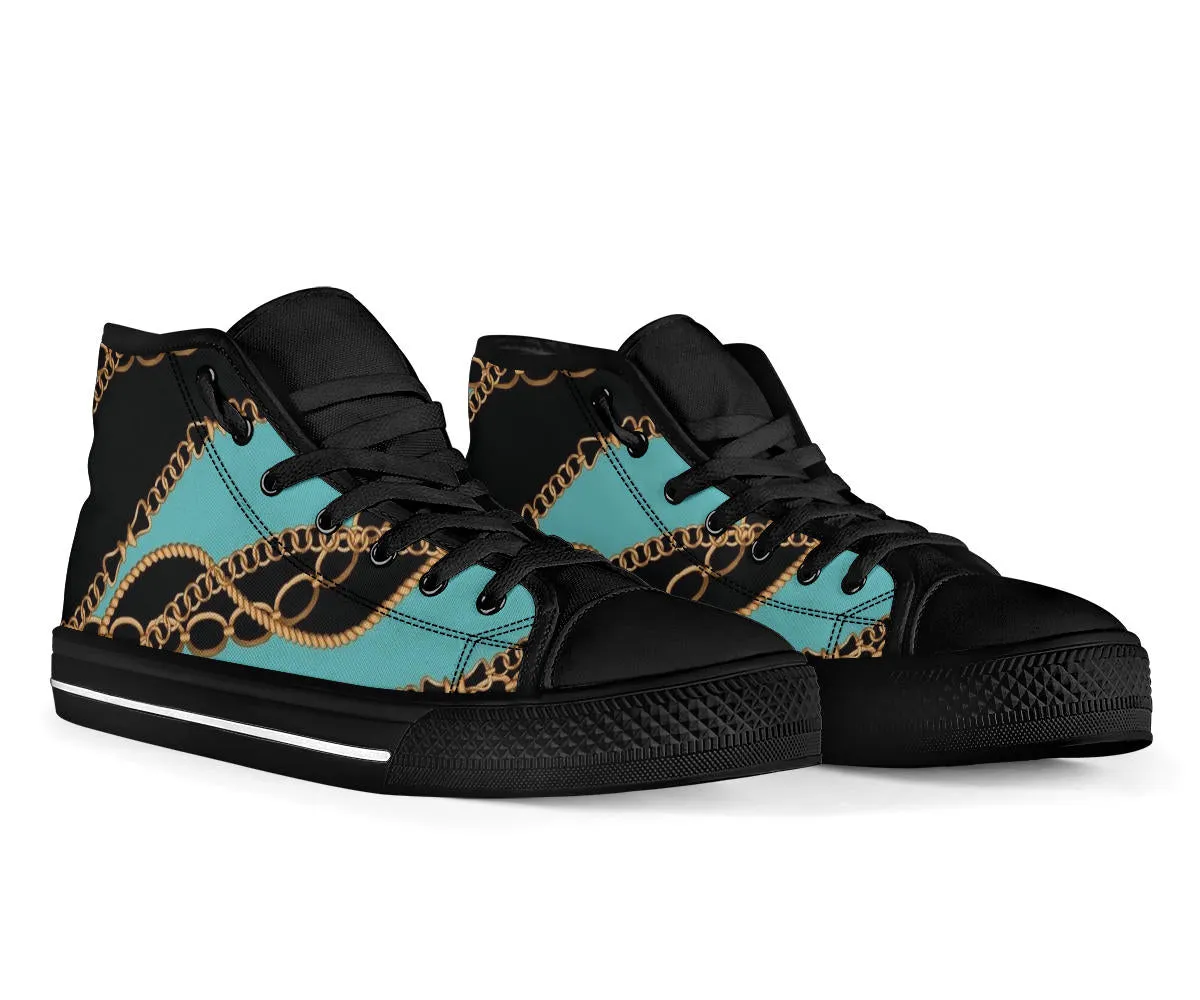 Teal Gold Chains Designer High Top Sneaker Custom Shoes with Black Soles