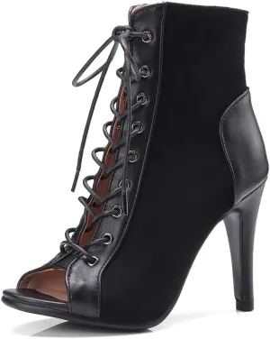 YKXLM Ballroom Dance Boots Women Latin Salsa Peep Toe Lace-up Ankle Dance Shoes,B53,3 inch Heel,Black,8 US