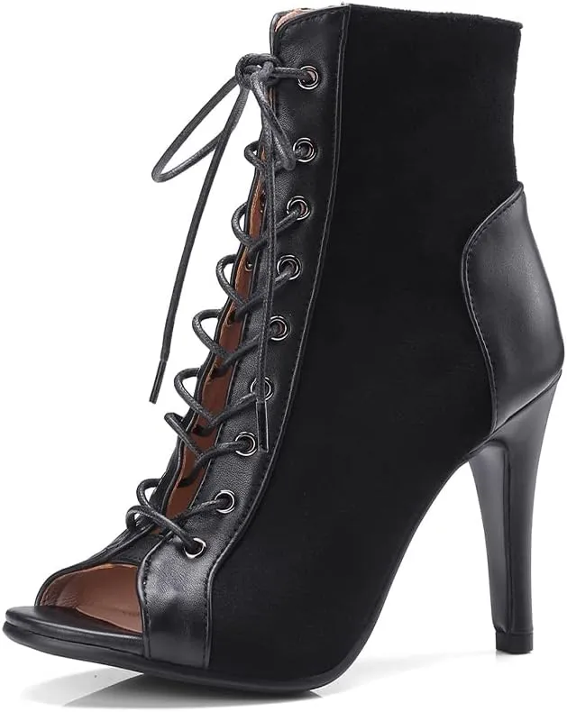 YKXLM Ballroom Dance Boots Women Latin Salsa Peep Toe Lace-up Ankle Dance Shoes,B53,3 inch Heel,Black,8 US