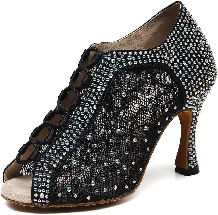 YKXLM Latin Dance Boots Peep Toe Salsa Performance Tango Dance Shoes Rhinestones
