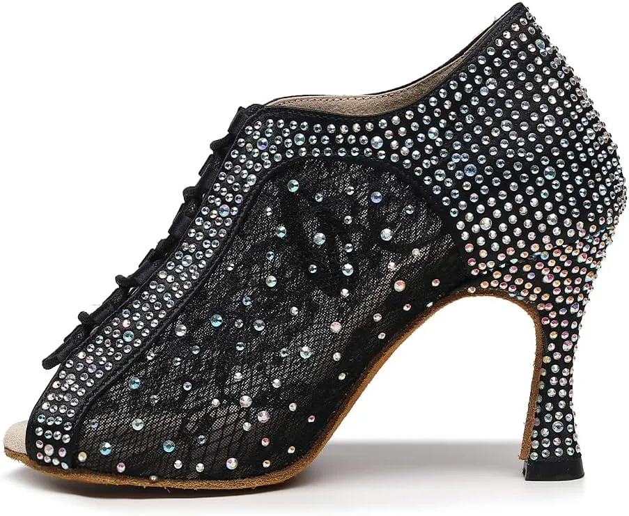 YKXLM Latin Dance Boots Peep Toe Salsa Performance Tango Dance Shoes Rhinestones