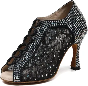 YKXLM Latin Dance Boots Peep Toe Salsa Performance Tango Dance Shoes Rhinestones